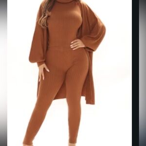 Cozy Brown Knit 3PIECE Cardigan, top and pants Set